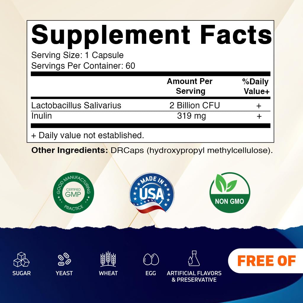 Vitamatic Lactobacillus Salivarius 2 Billion per DR Capsule - 60 Count - Digestive Support - Made with Prebiotic Inulin Fiber (3 Bottles)