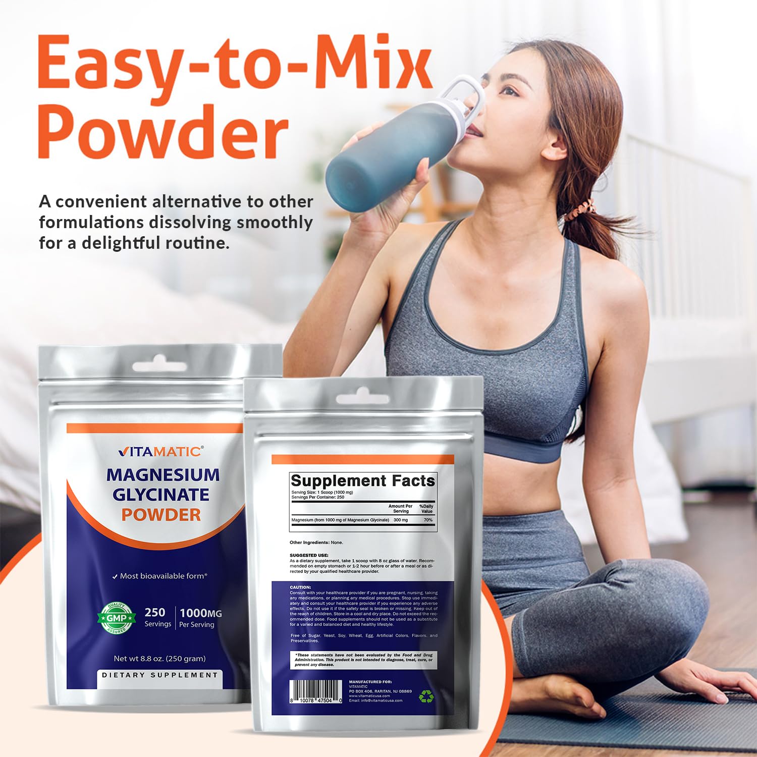 Vitamatic Magnesium Glycinate & Oxide – Supports Muscle, Joint & Heart Health | 250g Pack of 2