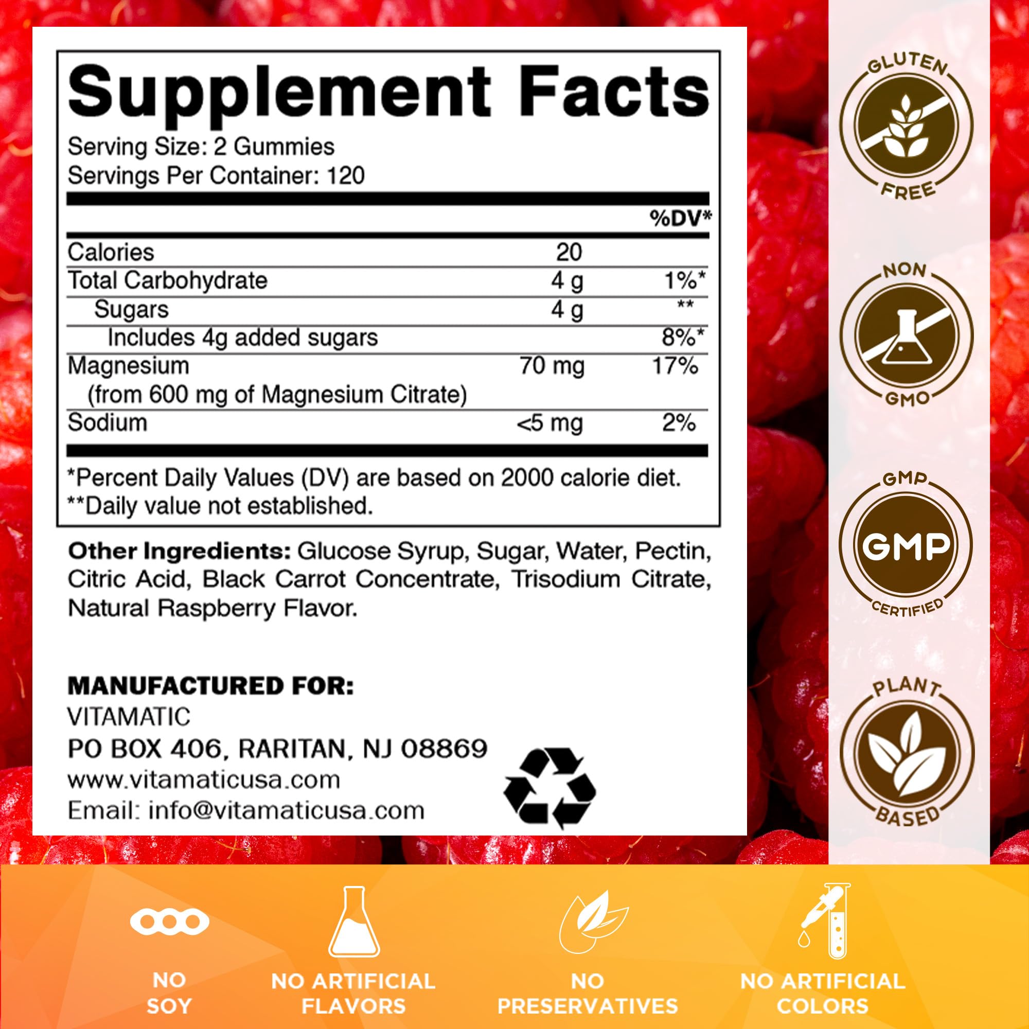 Vitamatic Magnesium Citrate Gummies 600mg per Serving | 240 Vegan Gummies | Raspberry Flavor