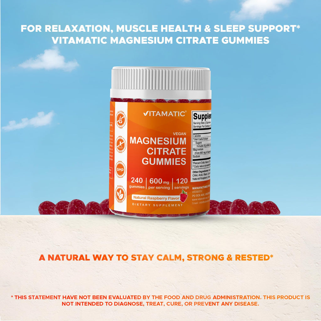 Vitamatic Magnesium Citrate Gummies 600mg per Serving | 240 Vegan Gummies | Raspberry Flavor