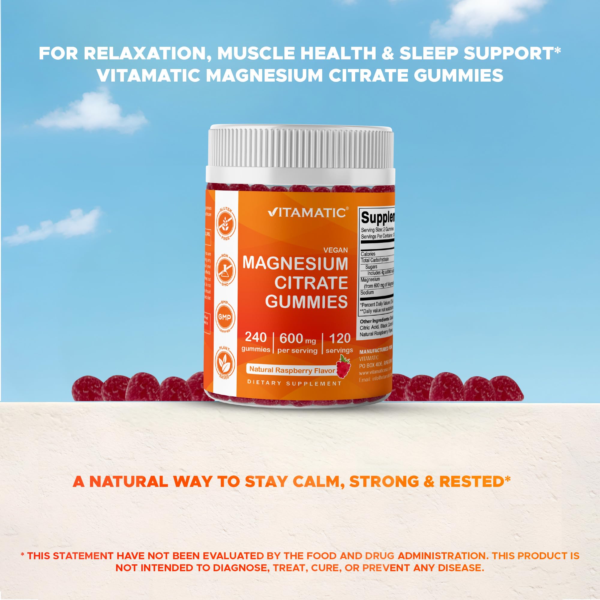 Vitamatic Magnesium Citrate Gummies 600mg per Serving | 240 Vegan Gummies | Raspberry Flavor