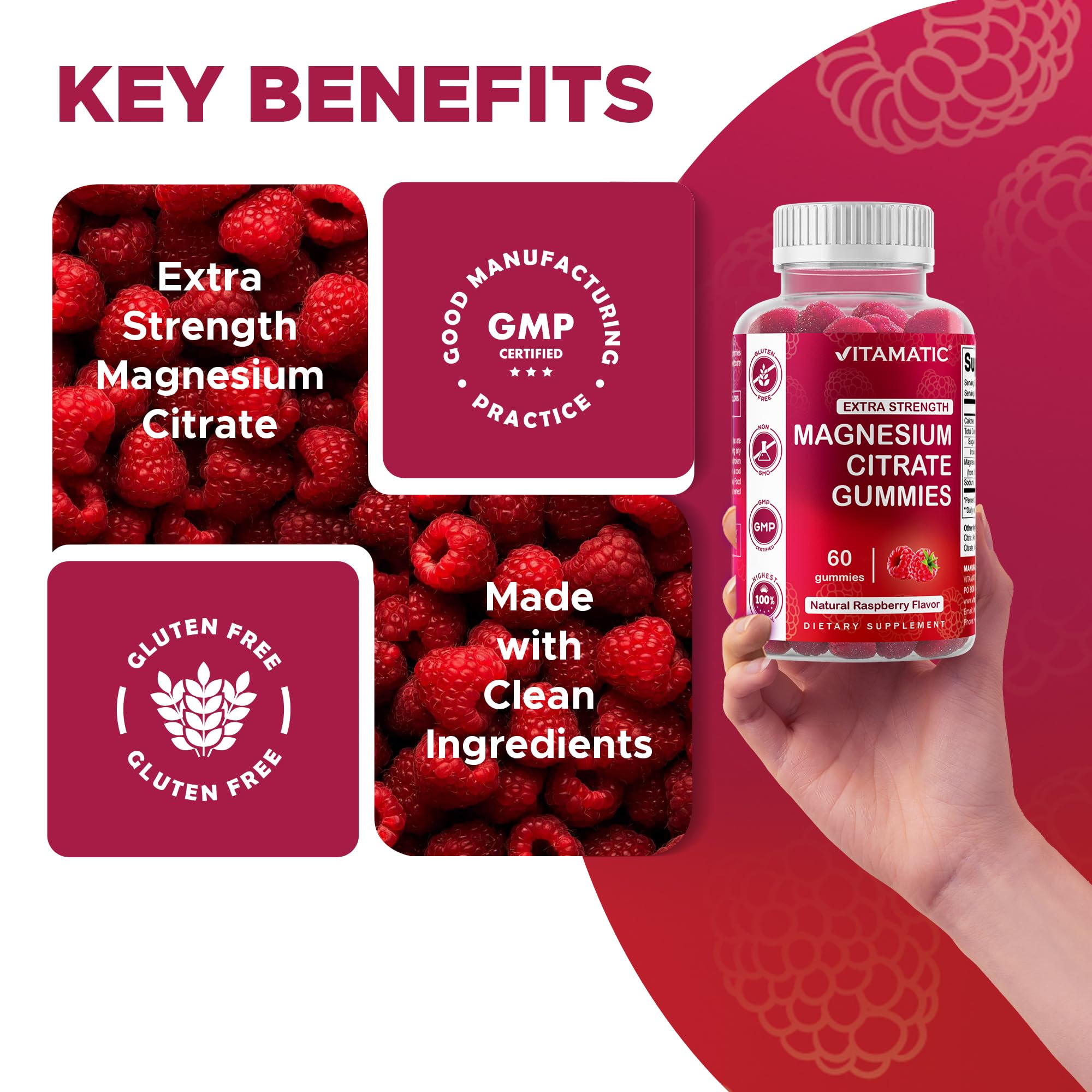 Vitamatic Magnesium Gummies – 255 mg Elemental Mg, 60 Vegan Gummies