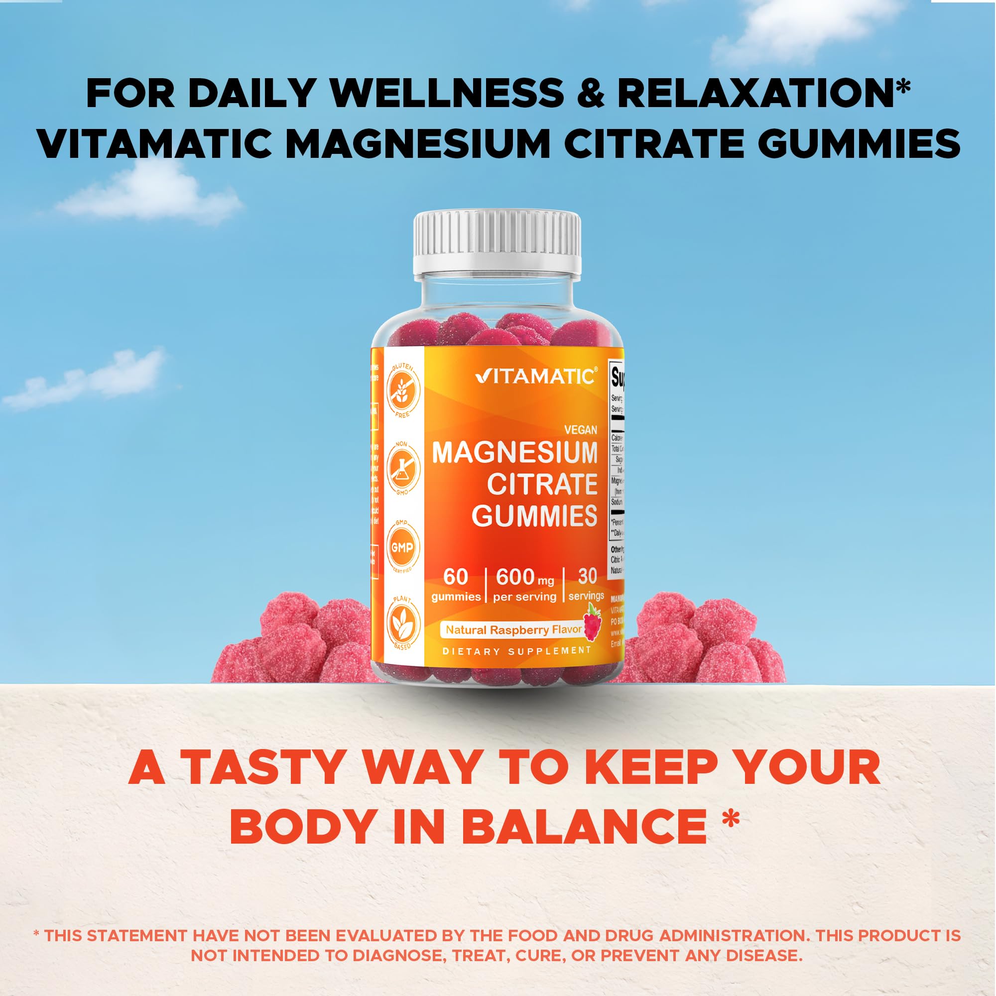 Vitamatic Magnesium Gummies 600mg – 60 Vegan Count for Relaxation, Muscle, Bone & Energy