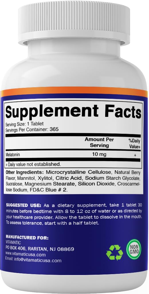 Vitamatic Melatonin 10 mg Tablets - 1-Year Supply | Berry Flavor | Vegetarian