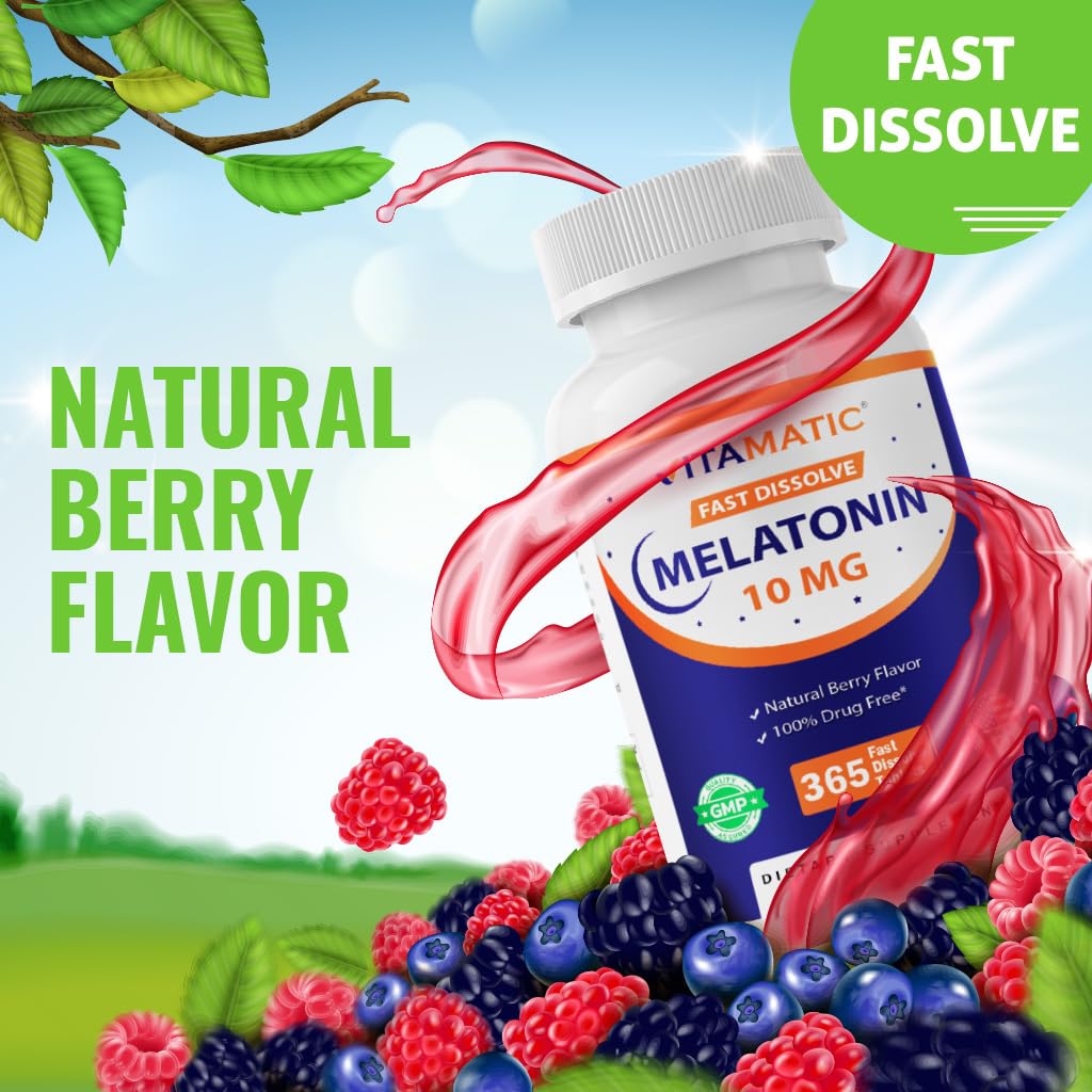 Vitamatic Melatonin 10 mg Tablets - 1-Year Supply | Berry Flavor | Vegetarian