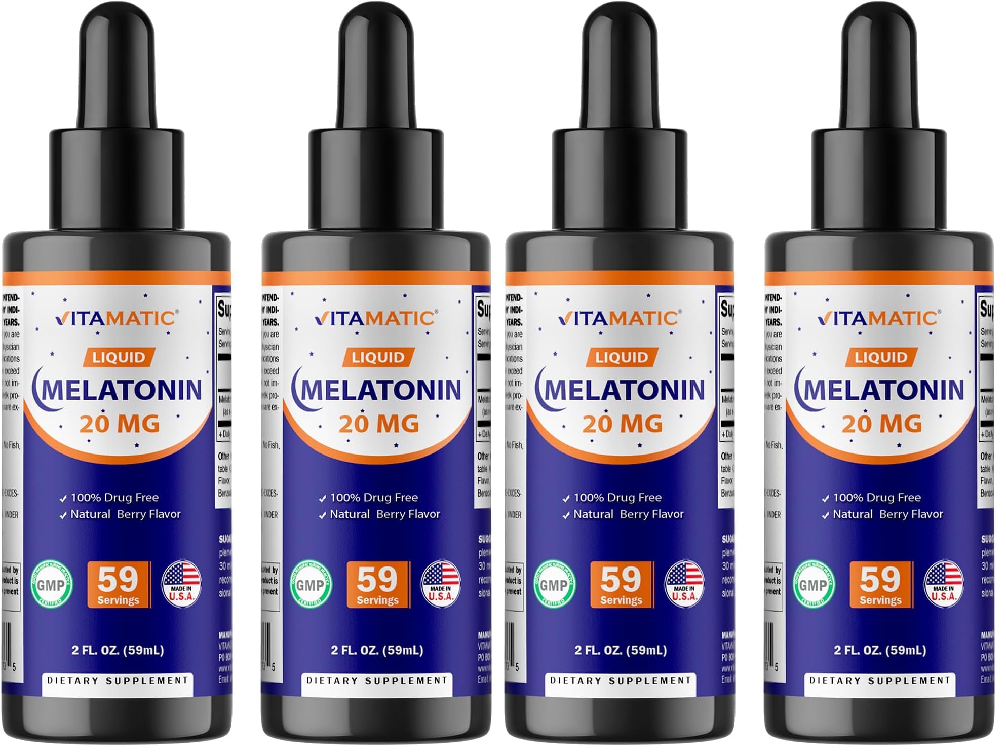 Vitamatic 4-Pack Melatonin 20mg Liquid Drops – Berry Flavor, Non-GMO