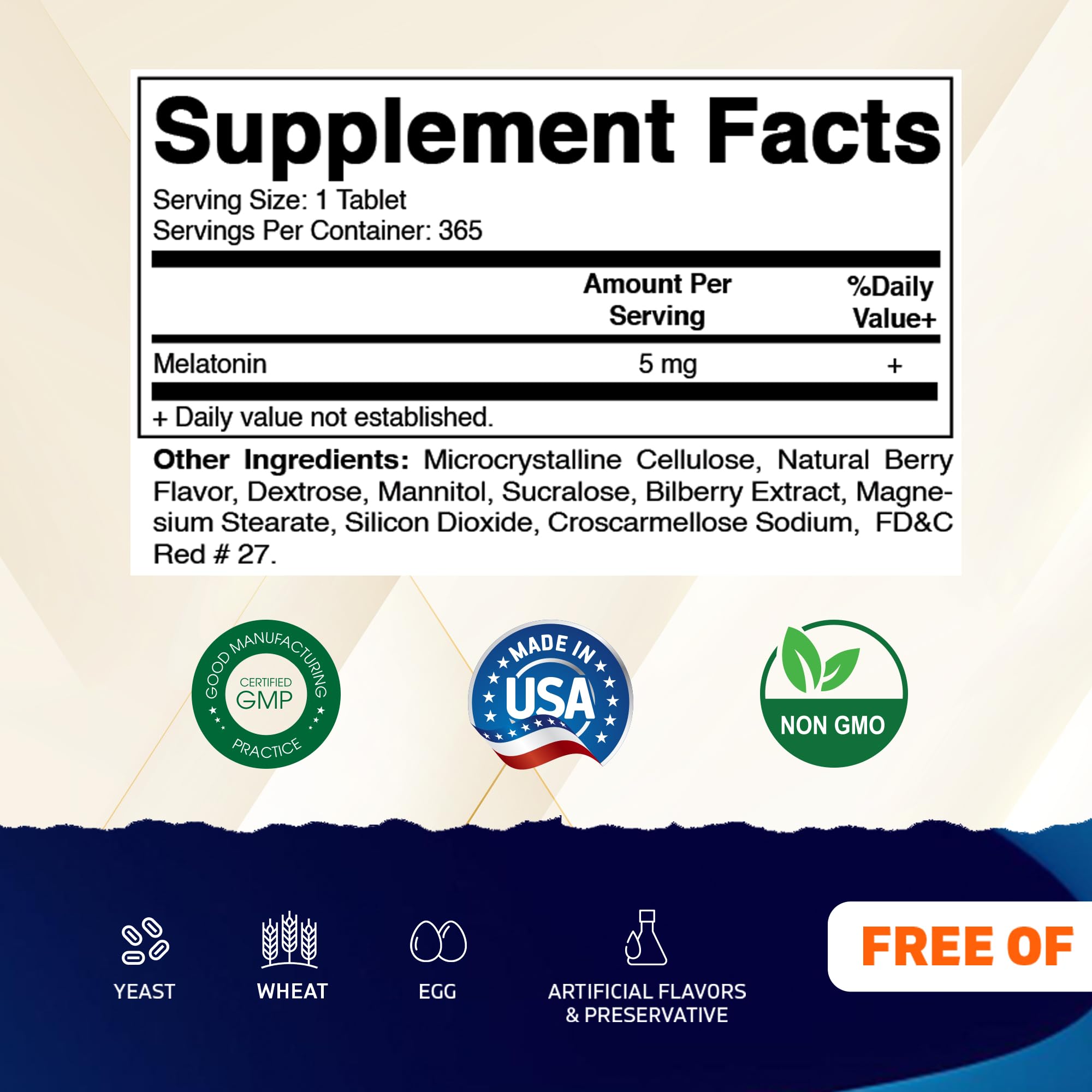 Vitamatic Melatonin 5 mg Tablets - Vegetarian, Non-GMO, Gluten Free | 365 Tablets