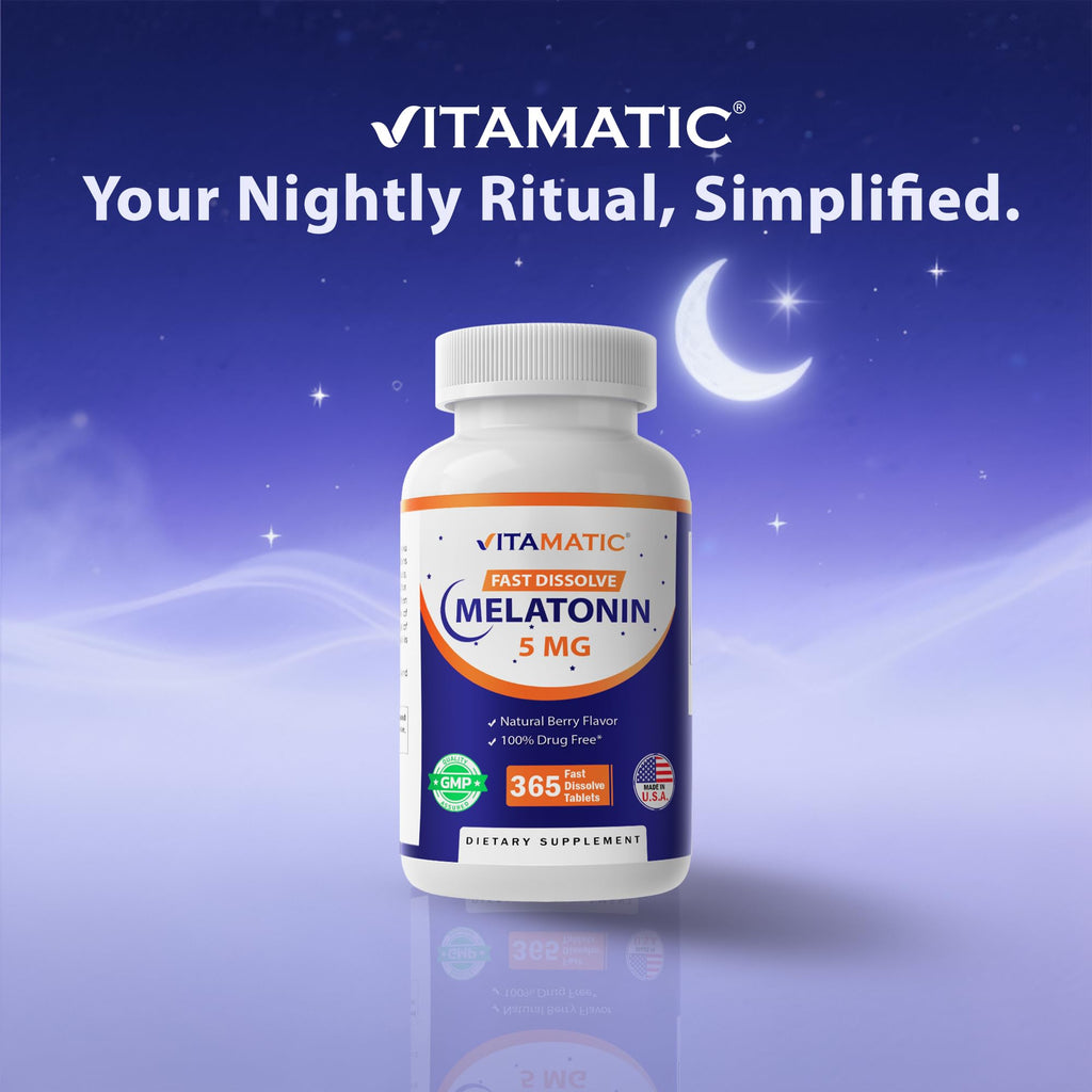 Vitamatic Melatonin 5 mg Tablets - Vegetarian, Non-GMO, Gluten Free | 365 Tablets