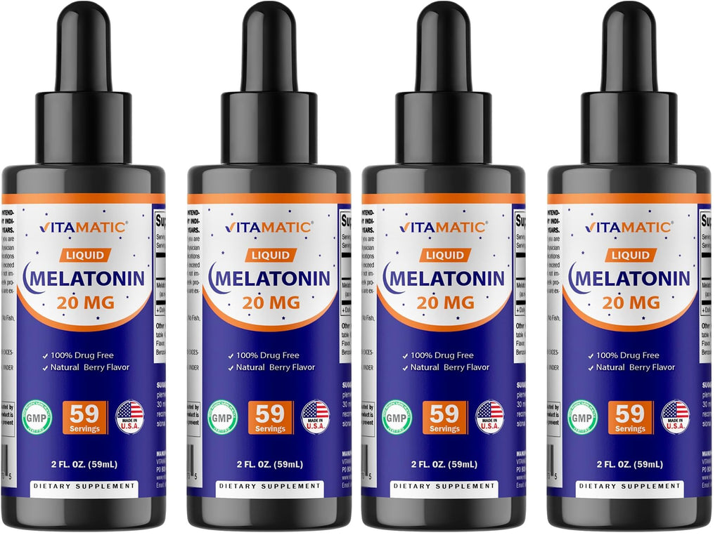 Vitamatic 4-Pack Melatonin 20mg Liquid Drops – Berry Flavor, Non-GMO