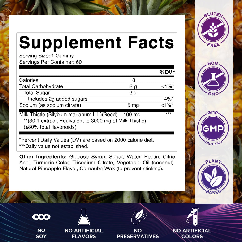Vitamatic Milk Thistle Gummies - 10000 mg Equivalent per Serving | 50:1 Extract (200 mg) | Liver Detox & Antioxidant Support | 60 Pectin-Based Gummies
