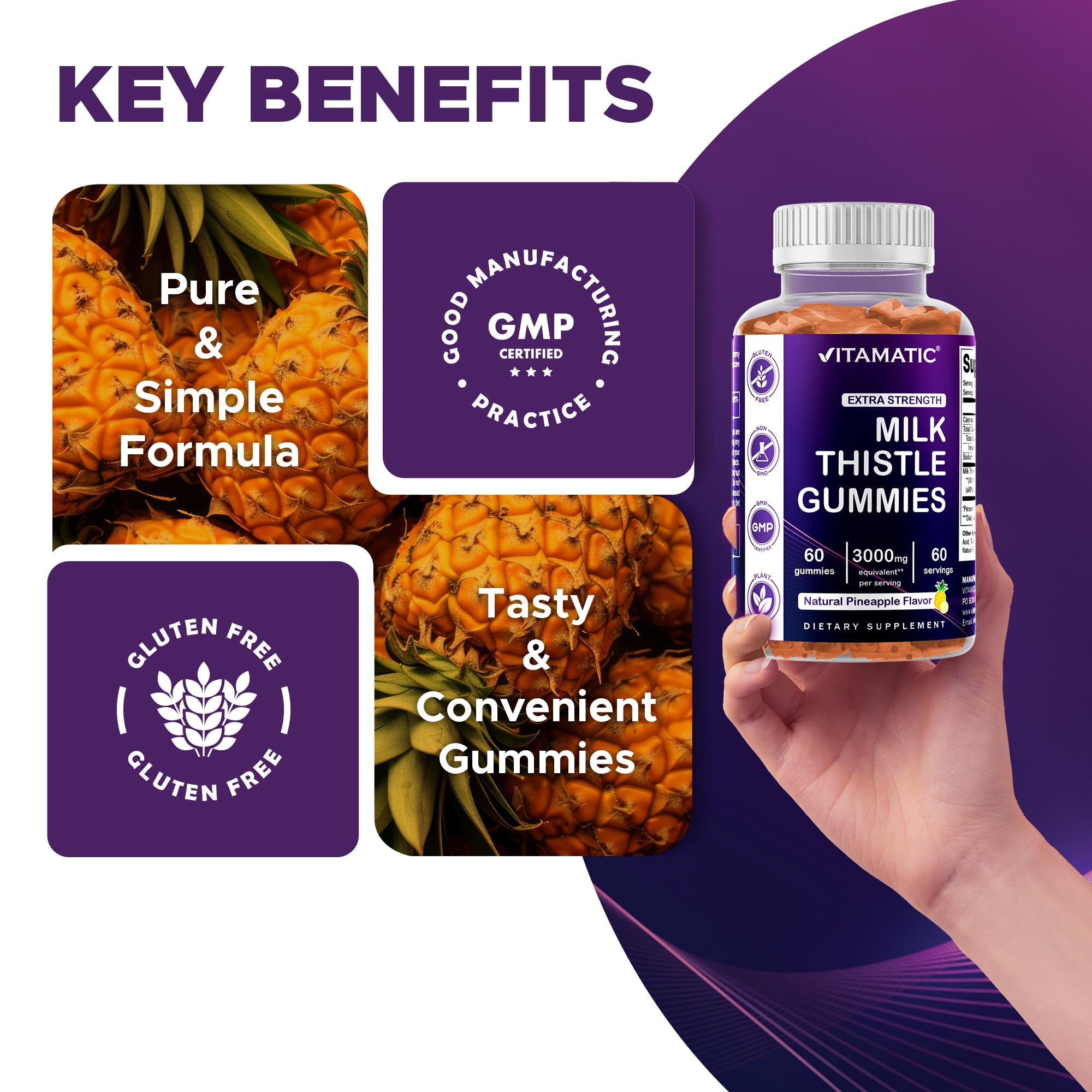 Vitamatic Milk Thistle Gummies - 10000 mg Equivalent per Serving | 50:1 Extract (200 mg) | Liver Detox & Antioxidant Support | 60 Pectin-Based Gummies