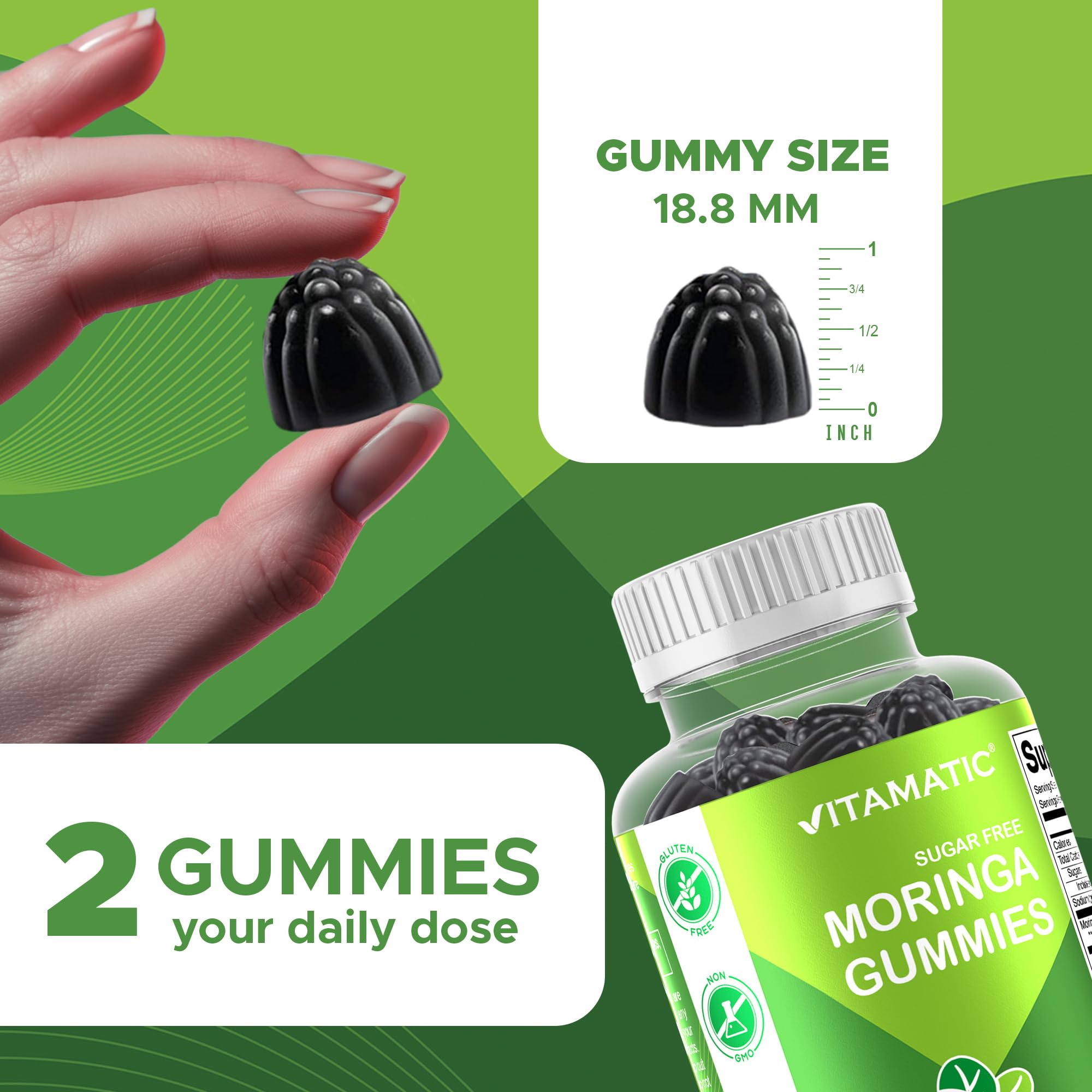 Vitamatic Sugar Free Moringa Gummies – 10,000 mg Equivalent per Serving (50:1 Extract) – 60 Vegan Gummies (Pack of 2)