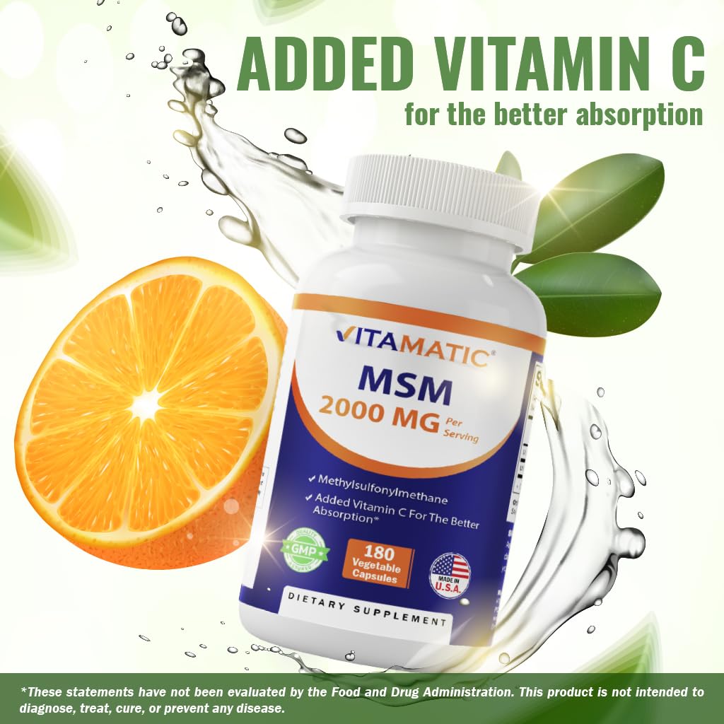 Vitamatic MSM 2000 mg with Vitamin C 75 mg – 180 Veg Capsules – Non-GMO & Gluten Free – Pack of 2