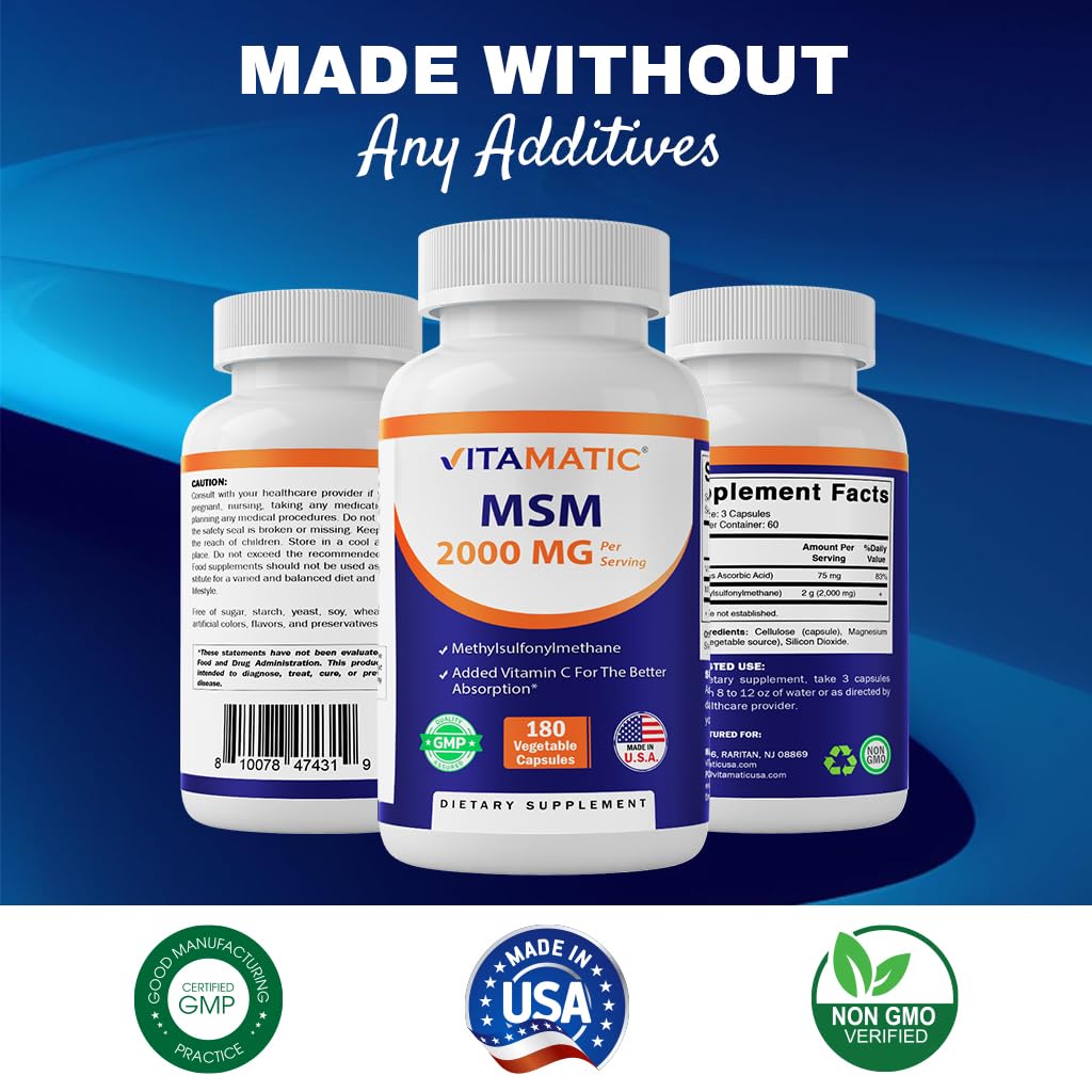 Vitamatic MSM 2000 mg with Vitamin C 75 mg – 180 Veg Capsules – Non-GMO & Gluten Free – Pack of 2