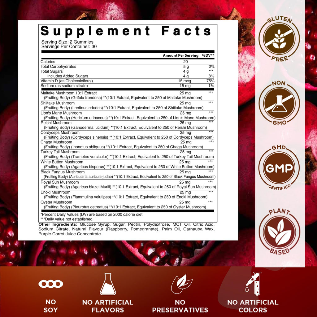 Vitamatic Mushroom Complex with D3 - 60 Pectin Gummies | 12-Mushroom Blend + 600 IU D3