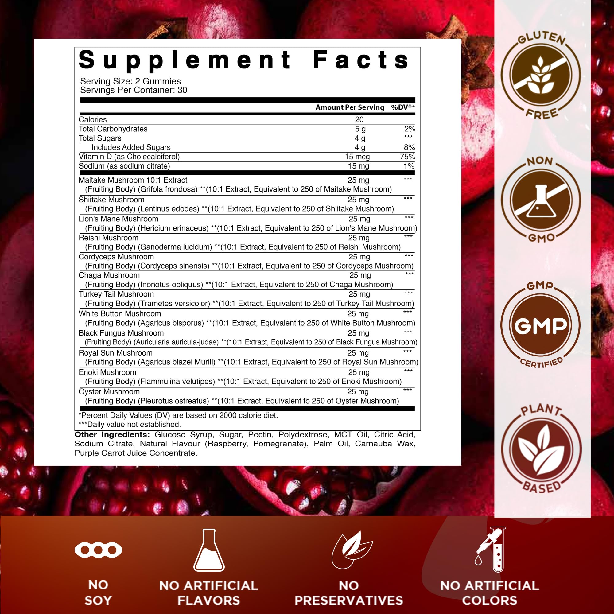 Vitamatic Mushroom Complex with D3 - 60 Pectin Gummies | 12-Mushroom Blend + 600 IU D3
