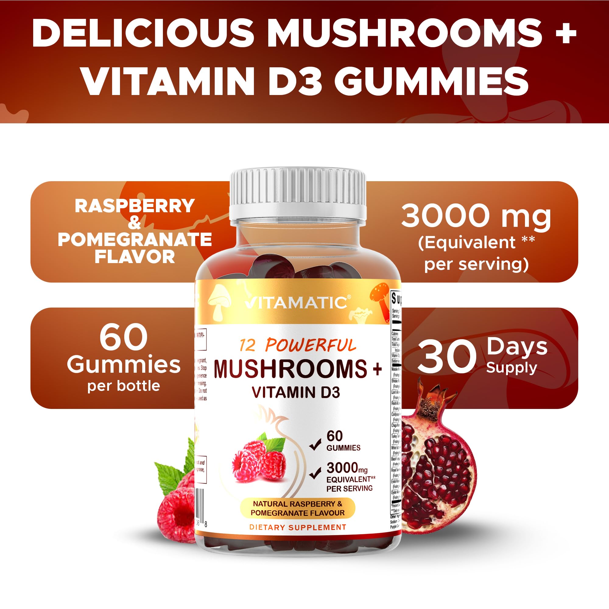 Vitamatic Mushroom Complex with D3 - 60 Pectin Gummies | 12-Mushroom Blend + 600 IU D3