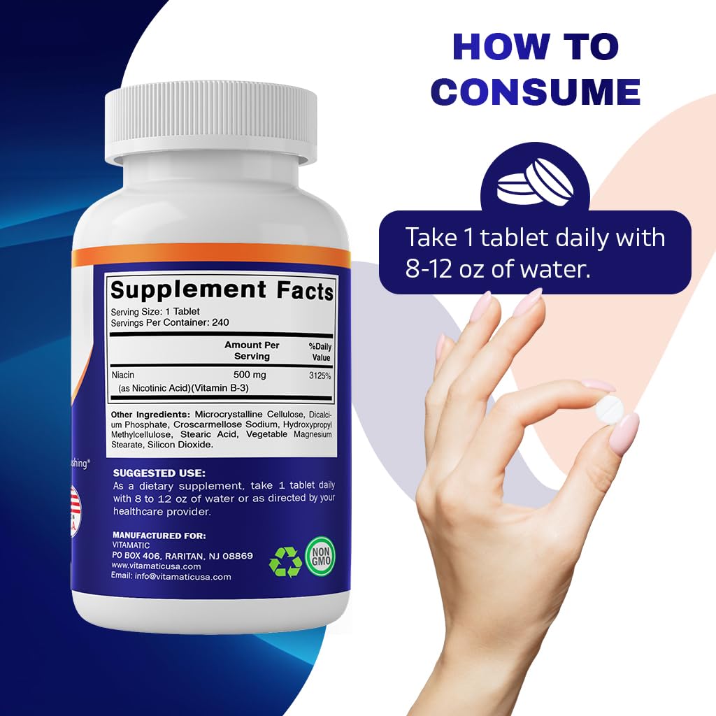 Vitamatic Niacin 500mg – Sustained Release (240 Tablets Pack of 2) Non-GMO & Gluten Free