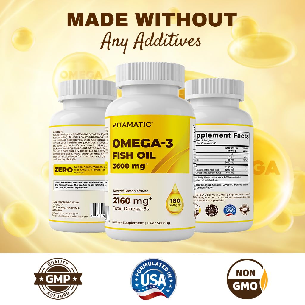 Vitamatic Omega-3 Fish Oil 3600mg per Serving – 180 Burpless Lemon Softgels