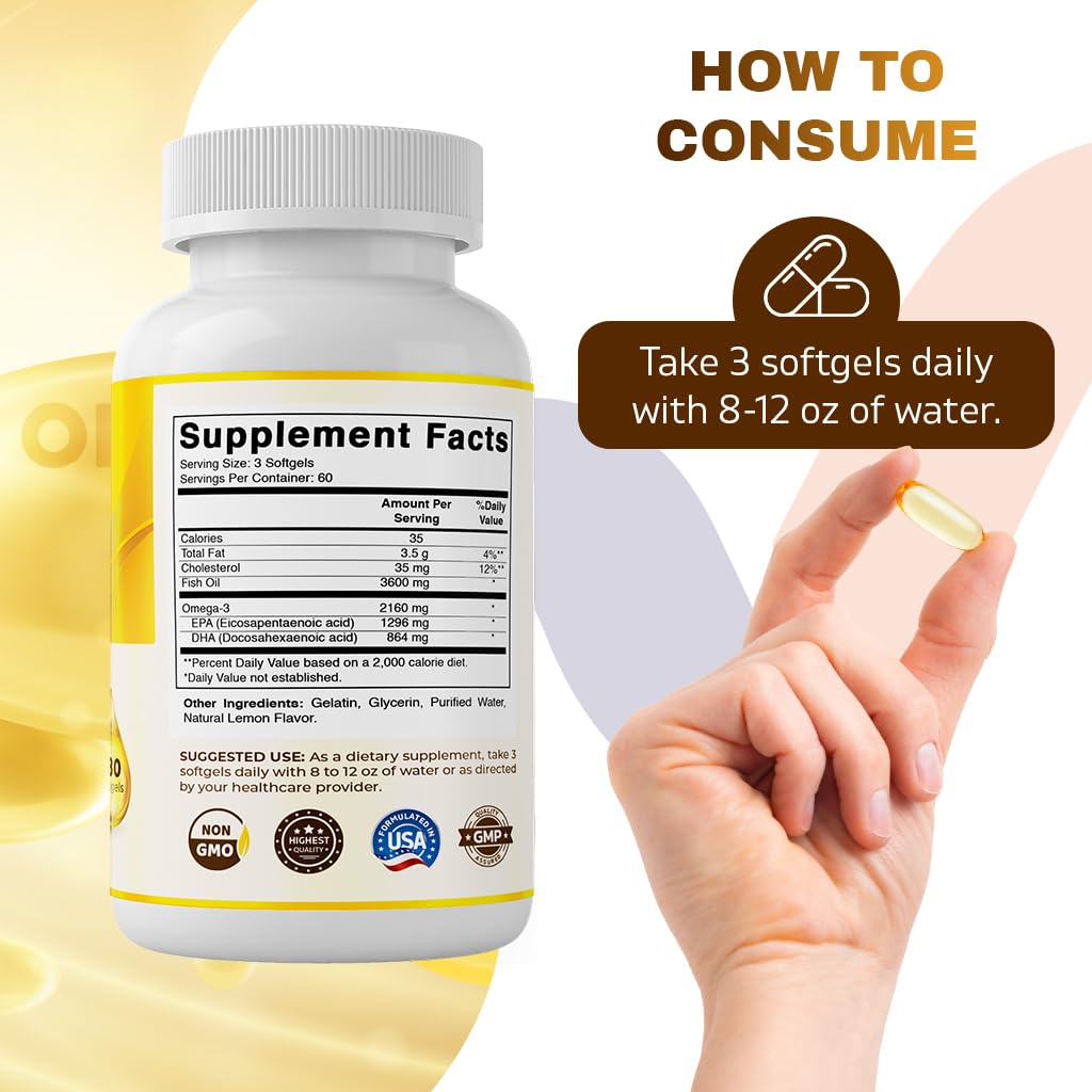 Vitamatic Triple Strength Omega 3 Fish Oil 3600mg Per Serving - Burpless Lemon Flavor, 180 Softgels (Pack of 2)