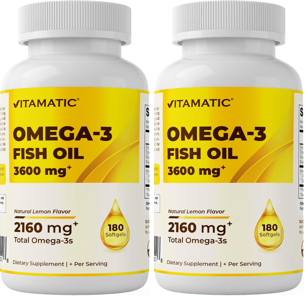Vitamatic Triple Strength Omega 3 Fish Oil 3600mg Per Serving - Burpless Lemon Flavor, 180 Softgels (Pack of 2)