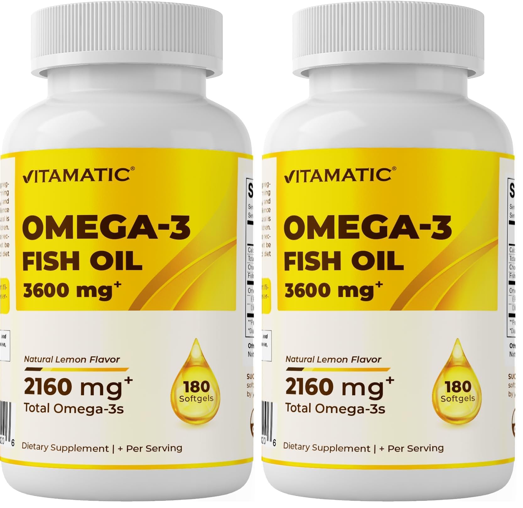Vitamatic Triple Strength Omega 3 Fish Oil 3600mg Per Serving - Burpless Lemon Flavor, 180 Softgels (Pack of 2)