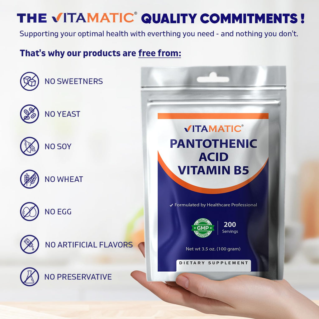 Vitamatic Pantothenic Acid Pure Powder 500 mg per Serving - 100 g (200 Servings) - Vitamin B5