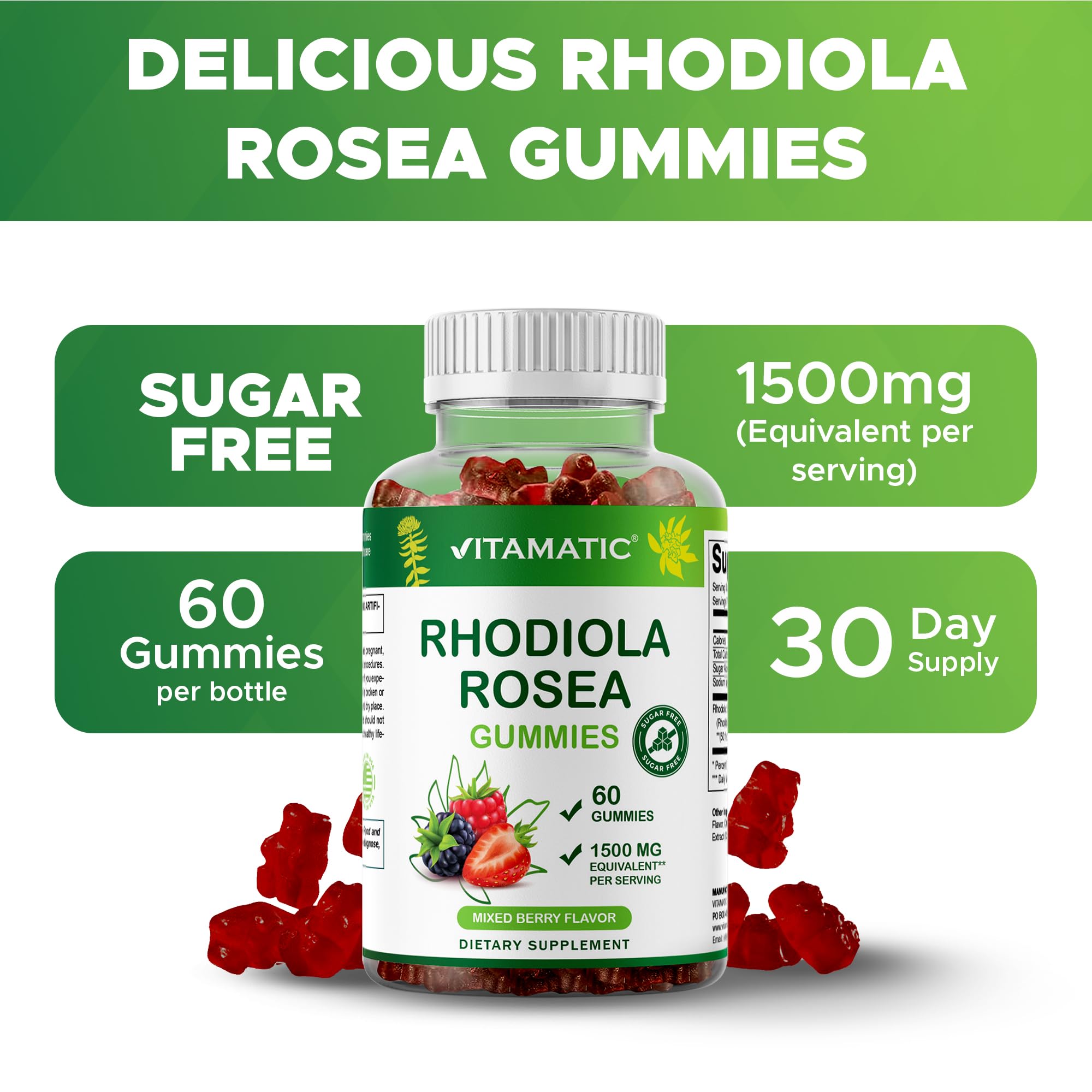 Vitamatic Sugar Free Rhodiola Rosea Gummies 1500 mg per Serving – 60 Gummies – Mixed Berry – Adaptogen Supplement – Made in USA