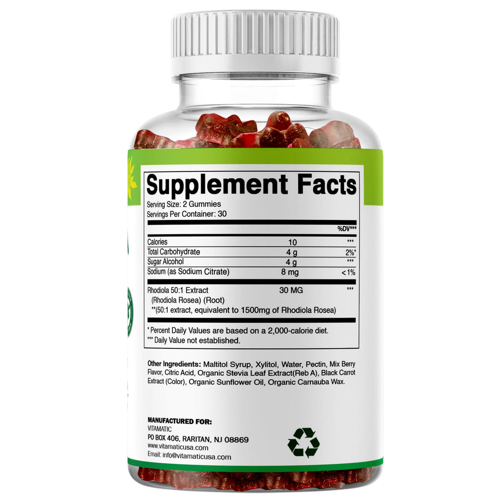 Vitamatic Sugar Free Rhodiola Rosea Gummies 1500 mg per Serving – 60 Gummies – Mixed Berry – Adaptogen Supplement – Made in USA