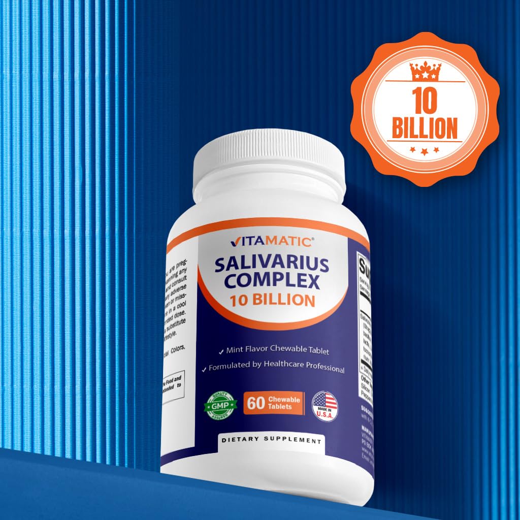 Vitamatic Salivarius Complex - 10 Billion Chewable Mint Probiotics + Prebiotics, 60 Count (Pack of 2)
