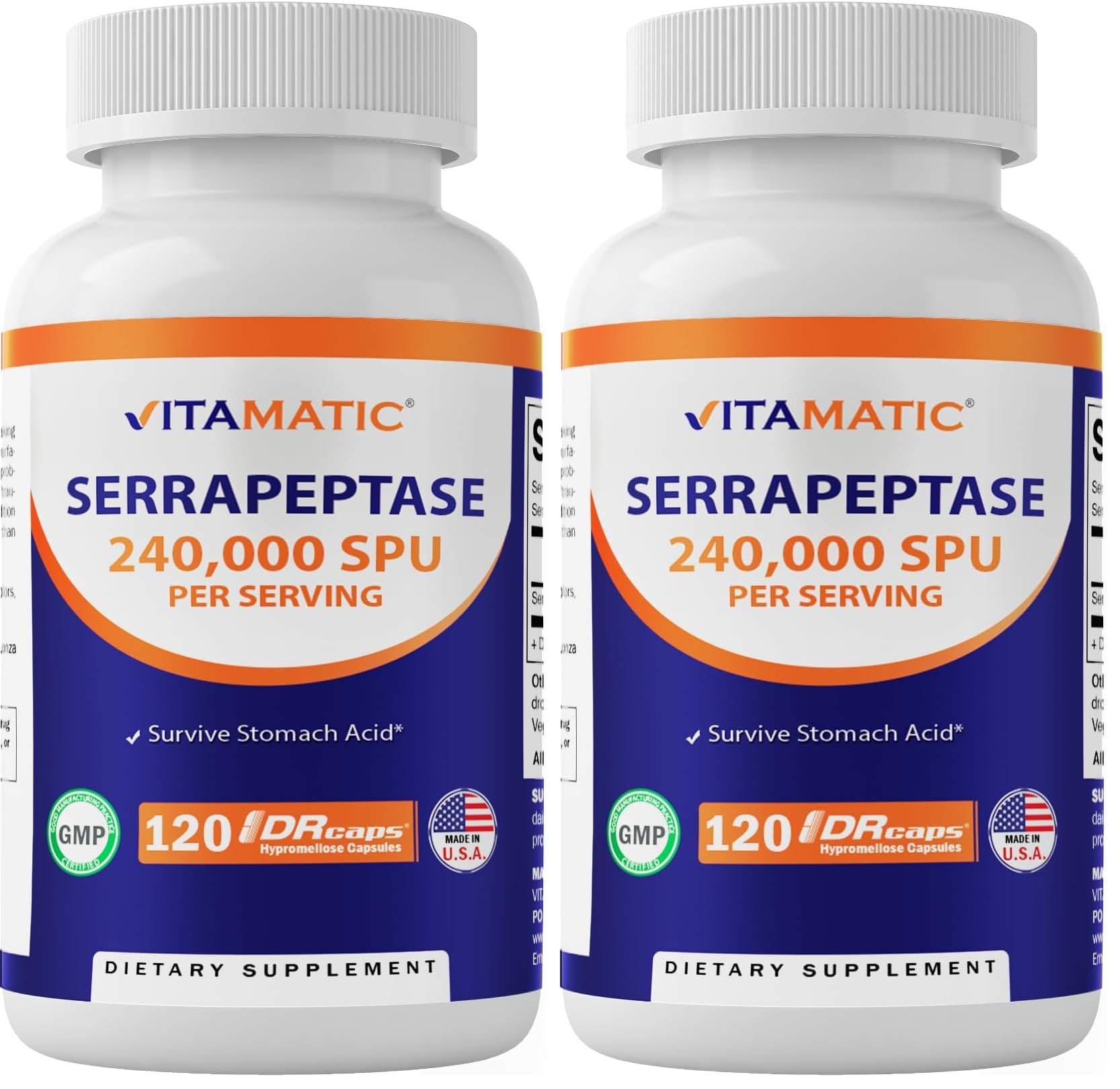 Vitamatic Serrapeptase 240,000 SPU – 120 Delayed-Release Enteric Capsules (Pack of 2, USA Made)