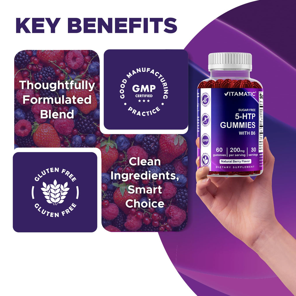 Vitamatic Sugar Free 5-HTP 200mg Gummies with B6 – 60 Pectin-Based Vegan Gummies