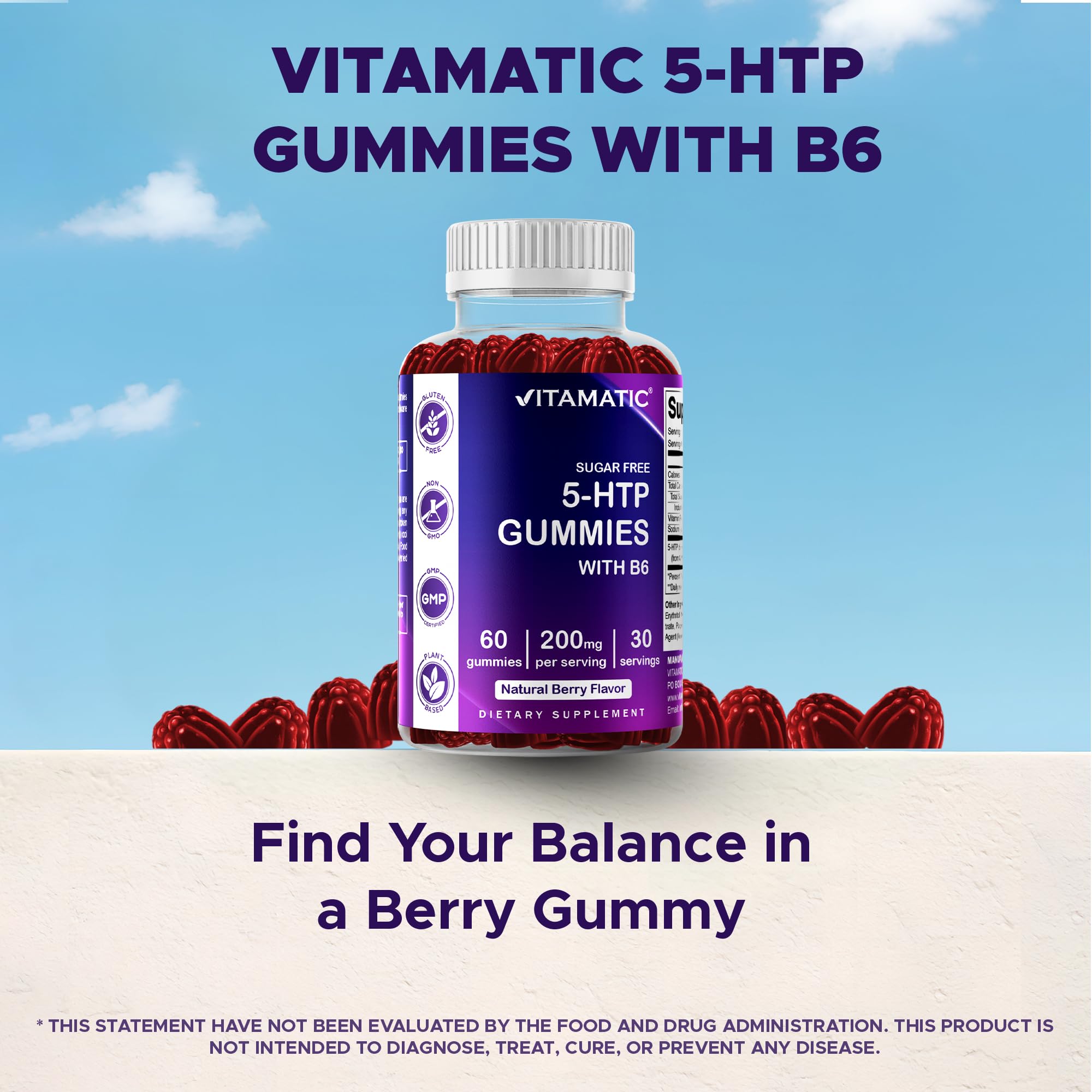 Vitamatic Sugar Free 5-HTP 200mg Gummies with B6 – 60 Pectin-Based Vegan Gummies
