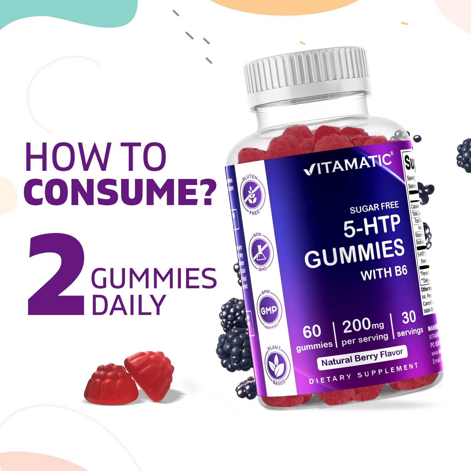 Vitamatic Sugar Free 5-HTP Gummies with B6 - 60 Gummies per Pack (Pack of 2)