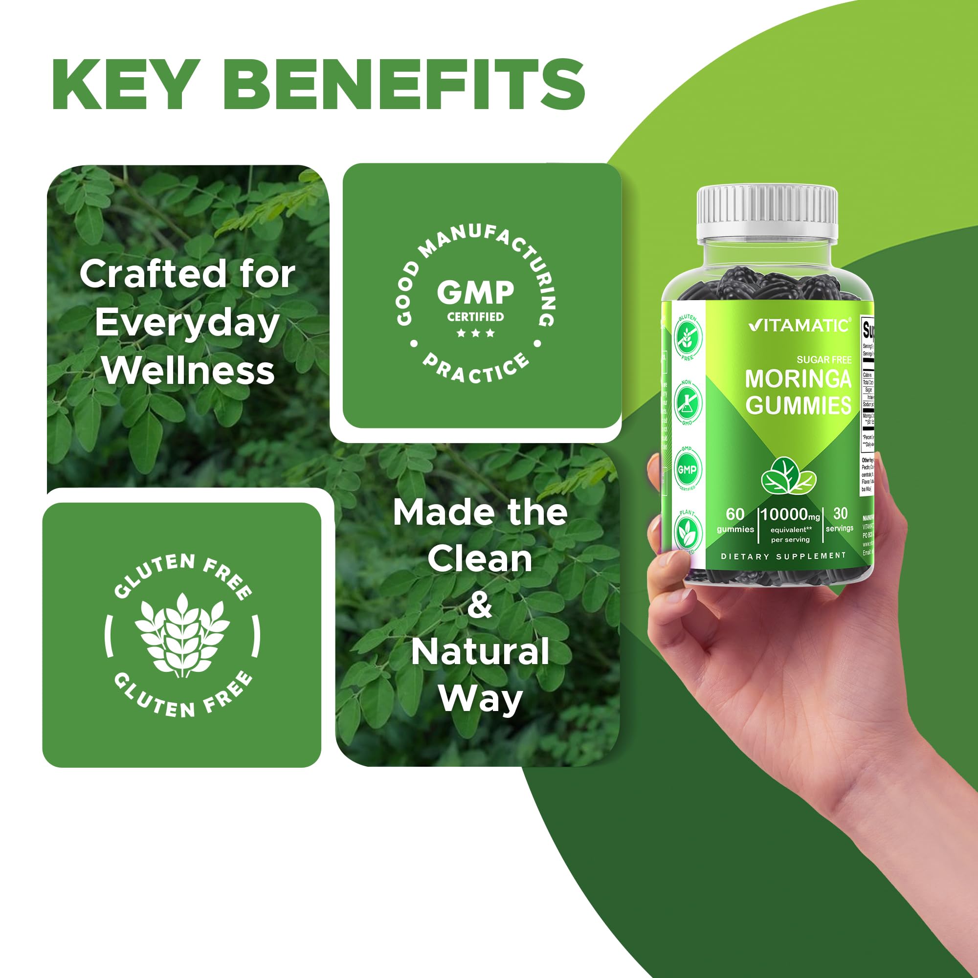 Vitamatic Sugar Free Moringa Gummies – 10,000 mg Equivalent per Serving (50:1 Extract) – 60 Vegan Gummies (Pack of 2)