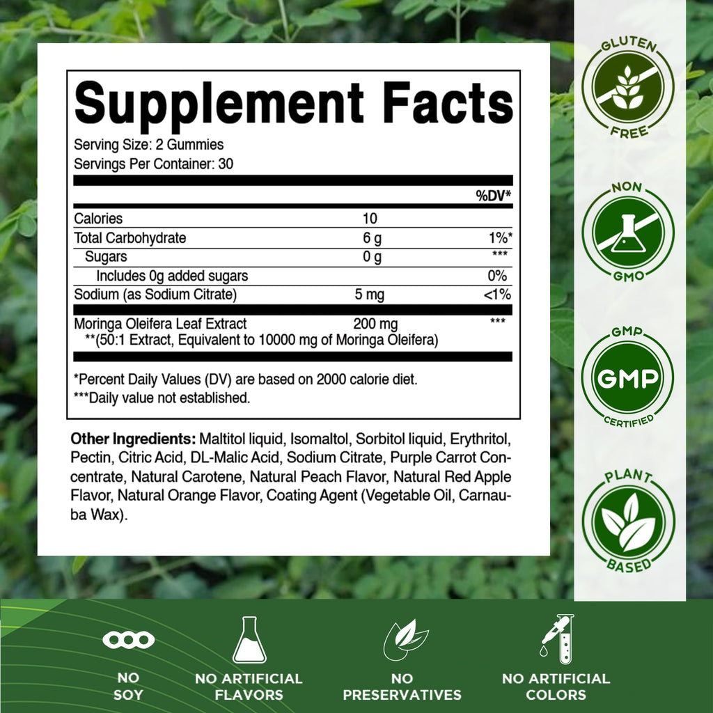 Vitamatic Sugar Free Moringa Gummies – 10,000 mg Equivalent per Serving (50:1 Extract) – 60 Vegan Gummies (Pack of 2)