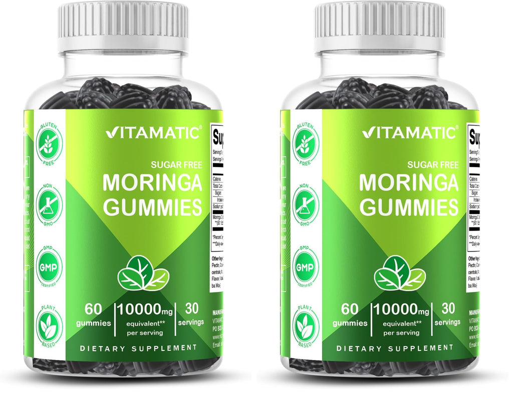 Vitamatic Sugar Free Moringa Gummies – 10,000 mg Equivalent per Serving (50:1 Extract) – 60 Vegan Gummies (Pack of 2)