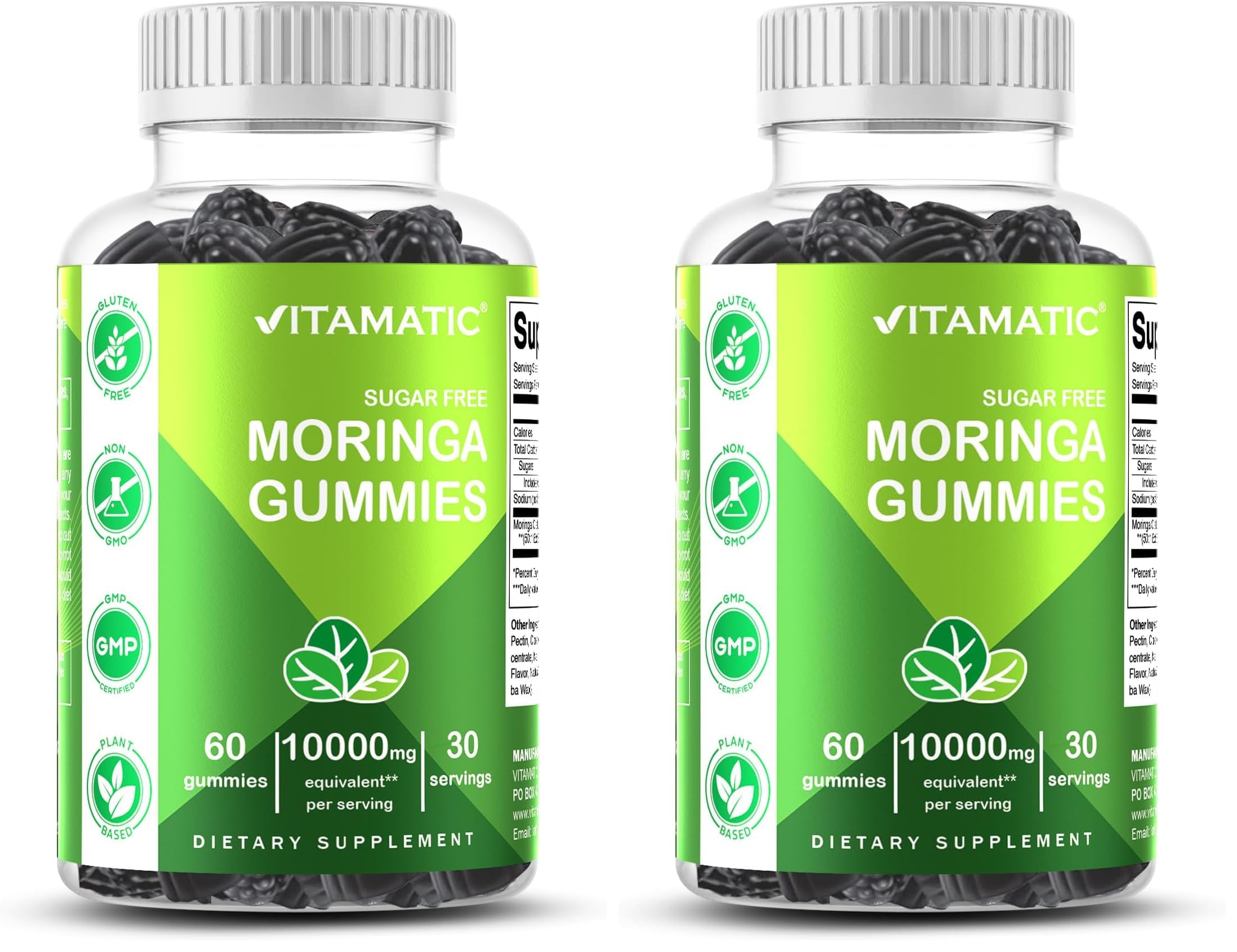 Vitamatic Sugar Free Moringa Gummies – 10,000 mg Equivalent per Serving (50:1 Extract) – 60 Vegan Gummies (Pack of 2)