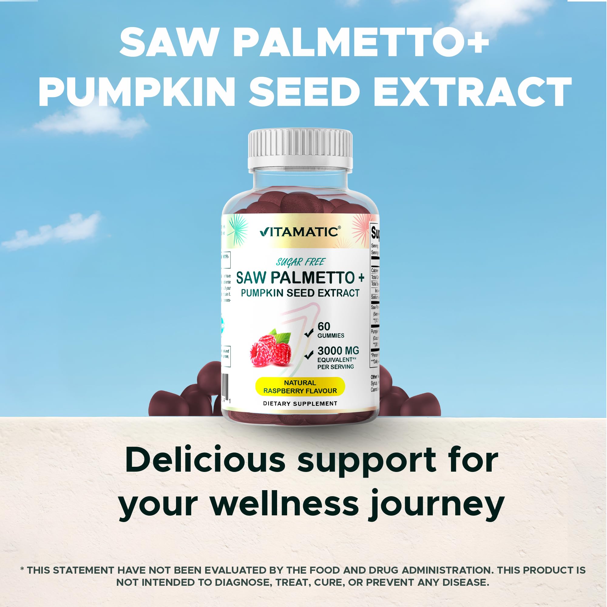 Vitamatic Sugar-Free Saw Palmetto with Pumpkin Seed – 3000 mg Equivalent per Serving | 60 Gummies