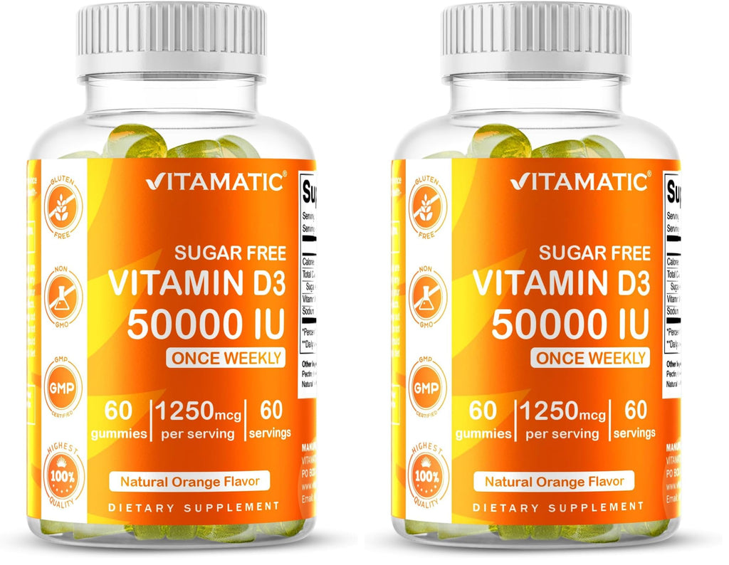 Vitamatic Sugar Free Vitamin D3 50,000 IU Weekly Gummies – 60 Pectin-Based High-Potency D3 for Bone, Teeth & Immune Support (Pack of 2)