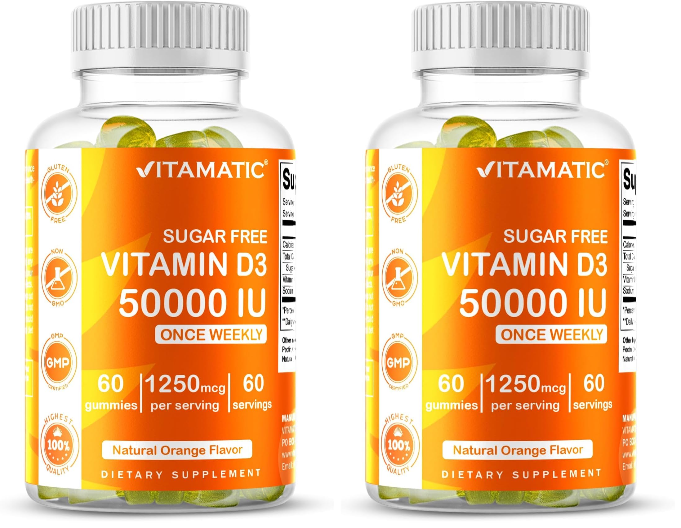 Vitamatic Sugar Free Vitamin D3 50,000 IU Weekly Gummies – 60 Pectin-Based High-Potency D3 for Bone, Teeth & Immune Support (Pack of 2)