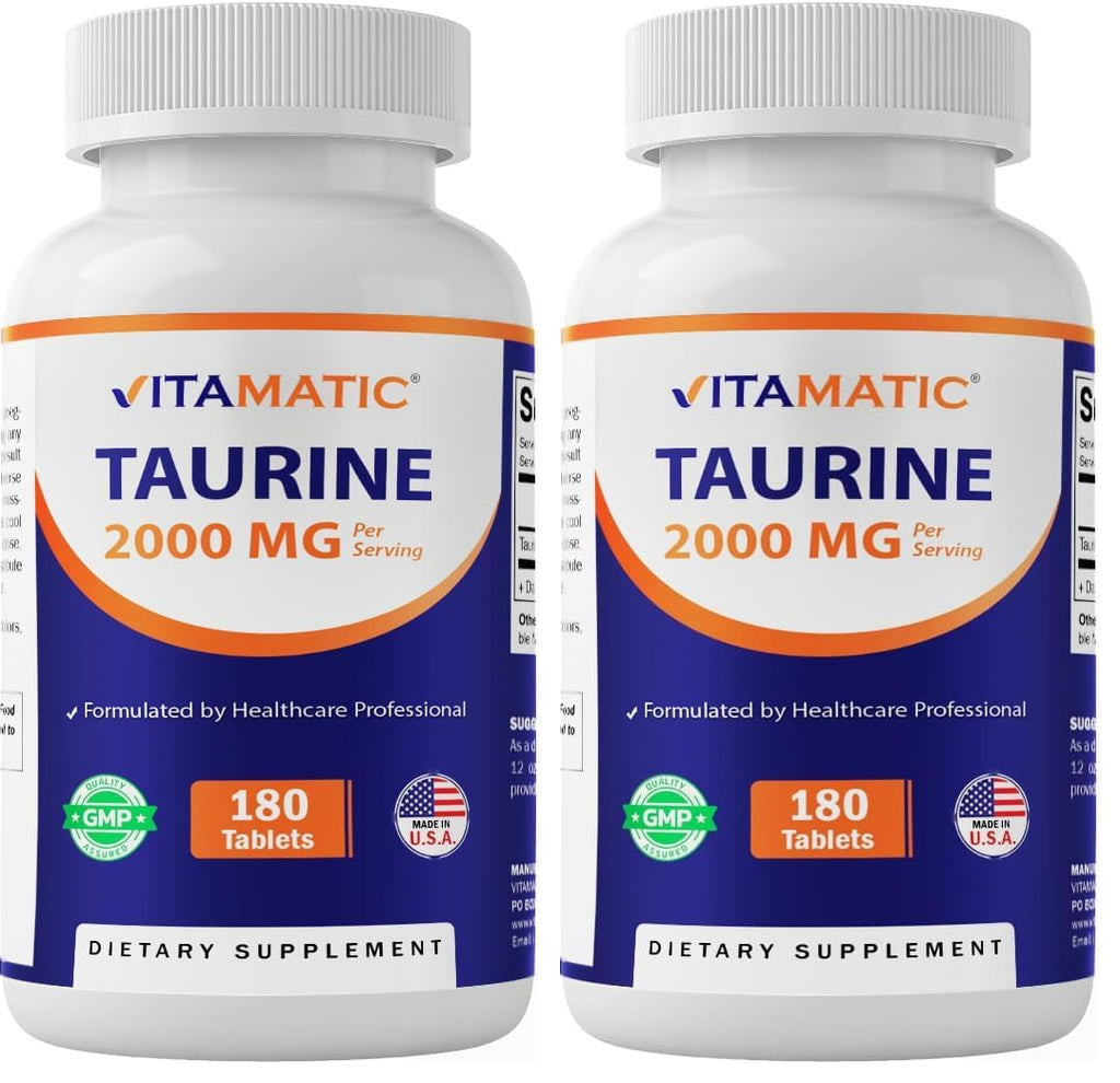 Vitamatic Taurine 2000mg Vegetarian Tablets – 180 Count, Non-GMO, Gluten Free (Pack of 2)