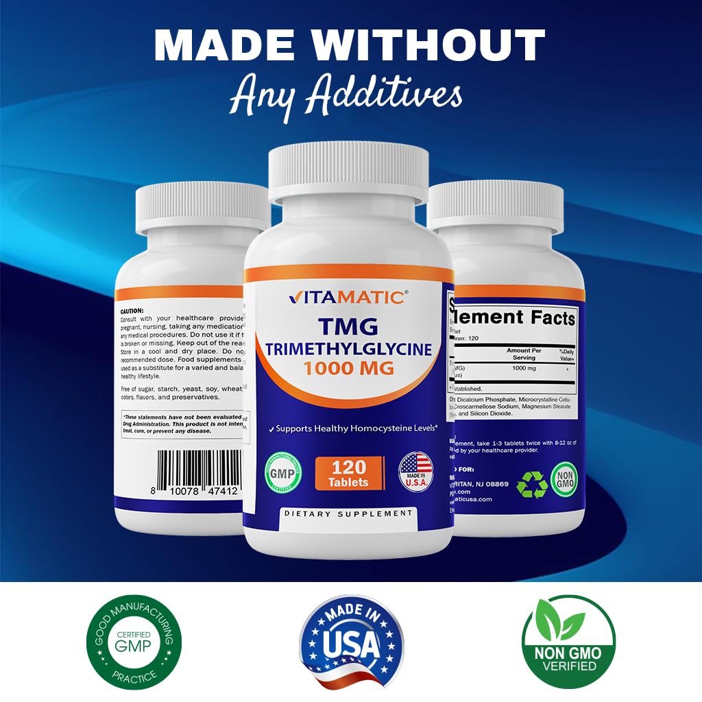 Vitamatic TMG 1000mg – Trimethylglycine (Betaine Anhydrous) – 120 Tablets, 2 Bottles – Non-GMO & Gluten Free