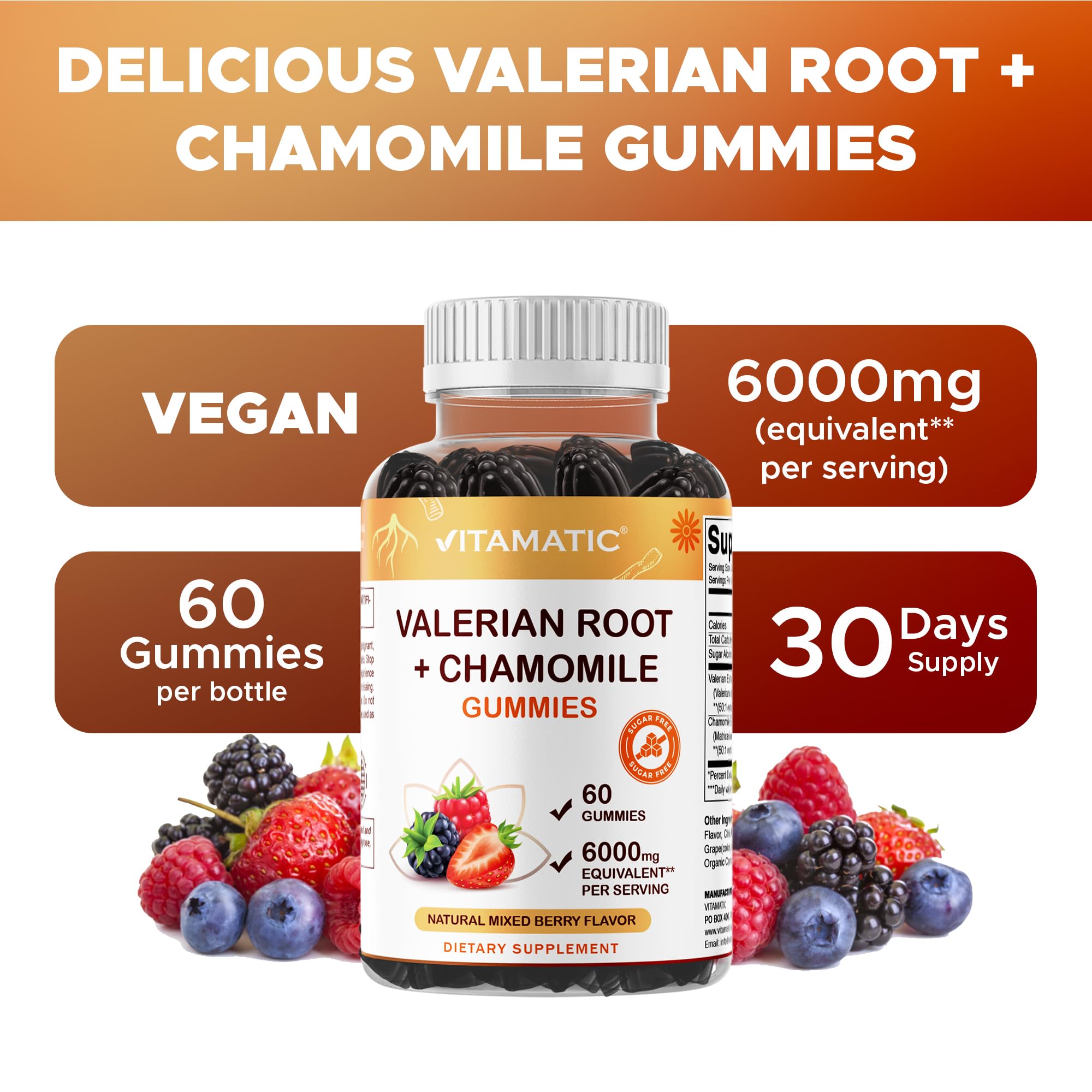 Vitamatic Valerian Root Chamomile Gummies – 6000 mg per Serving, Mixed Berry – 60 Gummies | Non-GMO, Gluten-Free