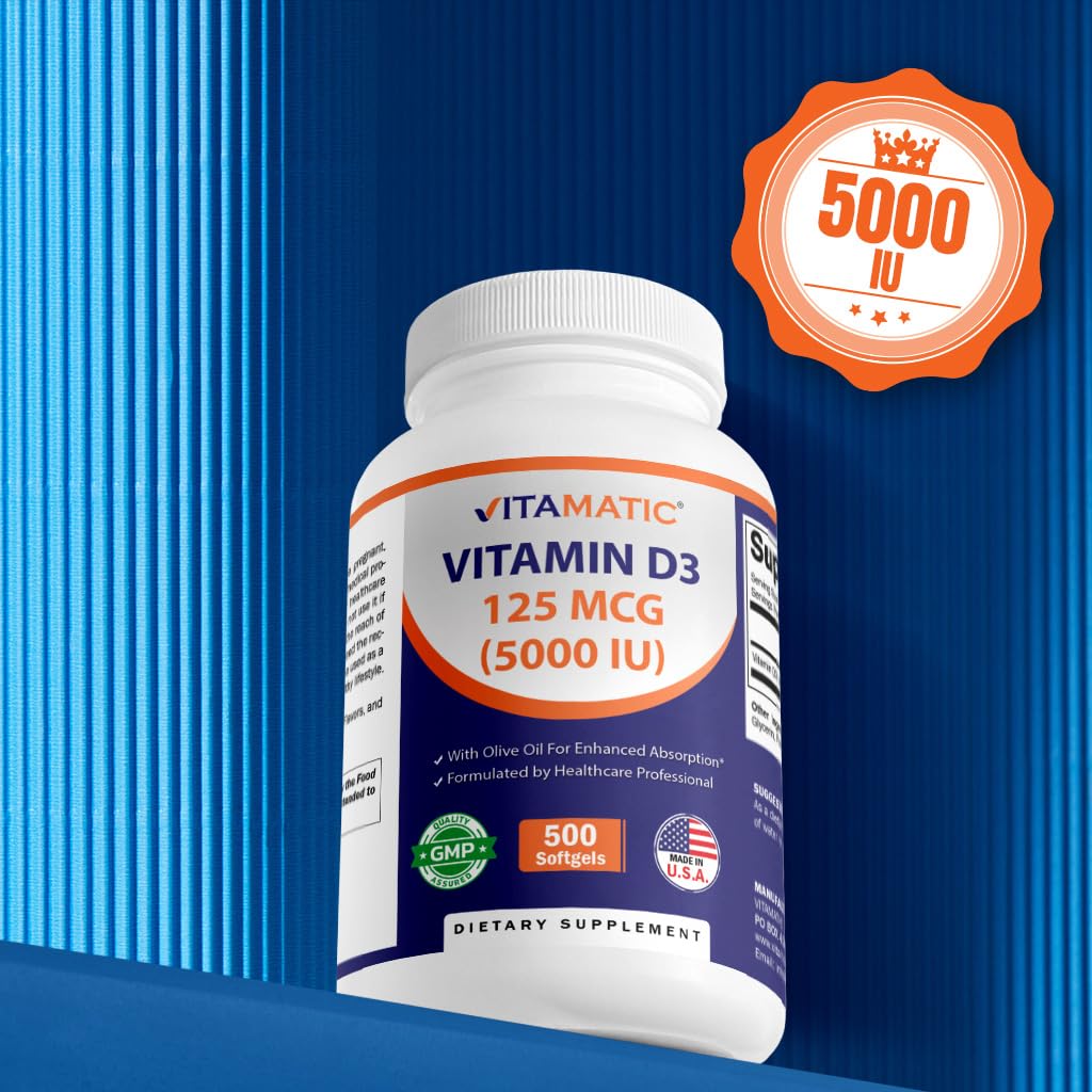 Vitamatic Vitamin D3 5000 IU (125 mcg) – Olive Oil-Based Softgels, 500-Day Supply (Pack of 2) | Non-GMO & Gluten-Free