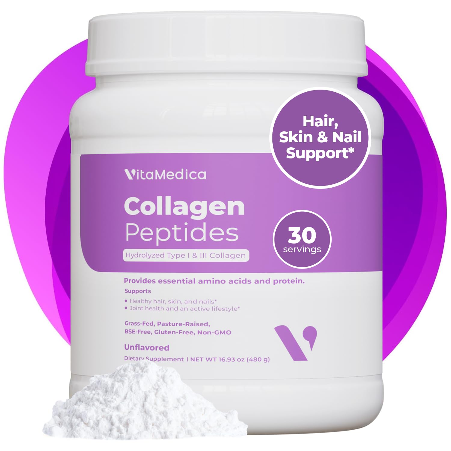 VitaMedica Collagen Peptides Powder – Healthy Hair, Skin, Nails, Bones & Joints (Hydrolyzed Types I & III) – Grass-Fed, Pasture-Raised, Unflavored, Zero Sugar – 30 Servings