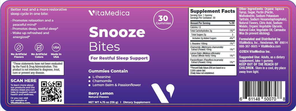 VitaMedica Snooze Sleep Gummies - Melatonin-Free, Zero Grogginess, L-Theanine, Chamomile, Passionflower & Lemon Balm - 30 Count