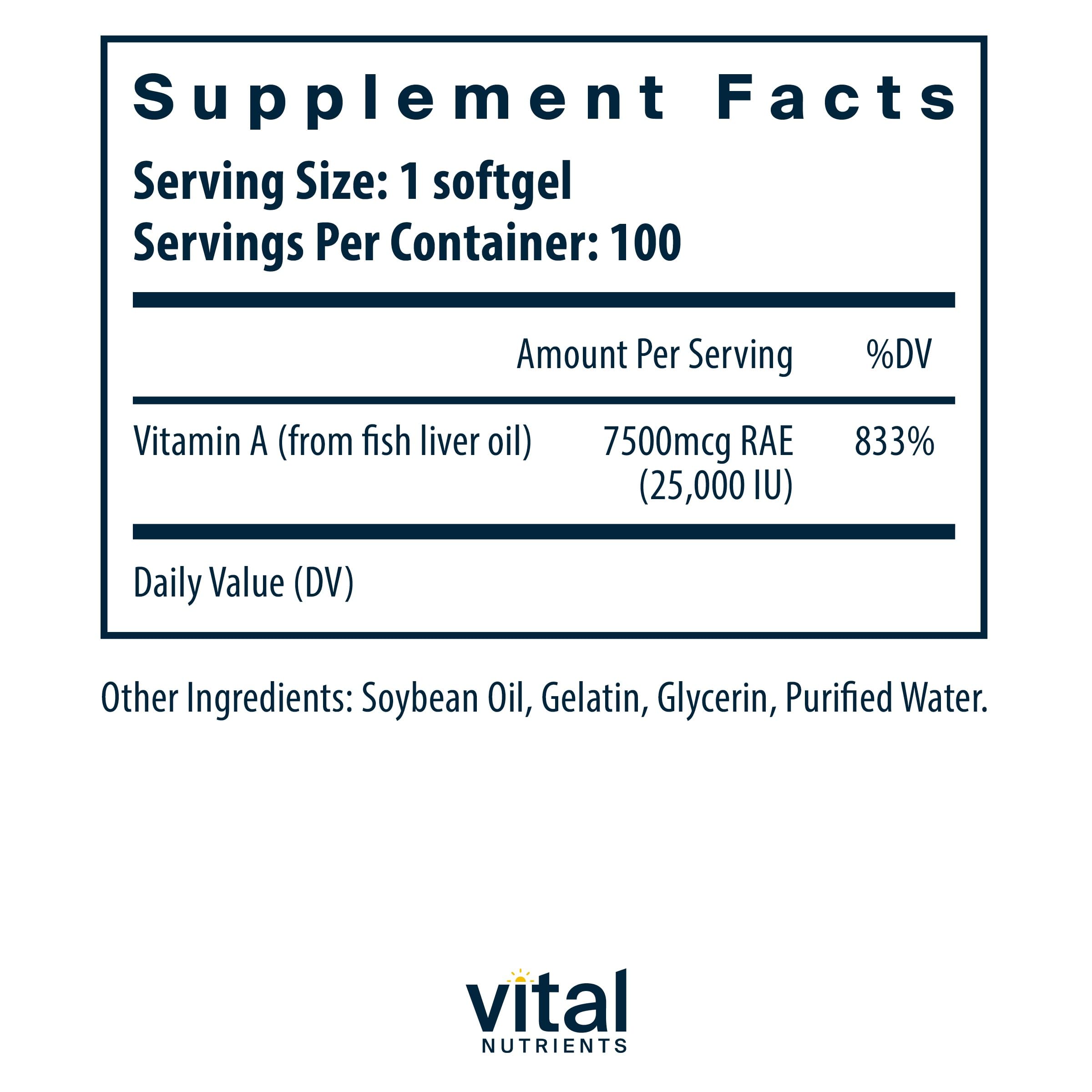 Vital Nutrients Vitamin A 7500mcg RAE – Immune, Vision, Skin Support | 100 Capsules