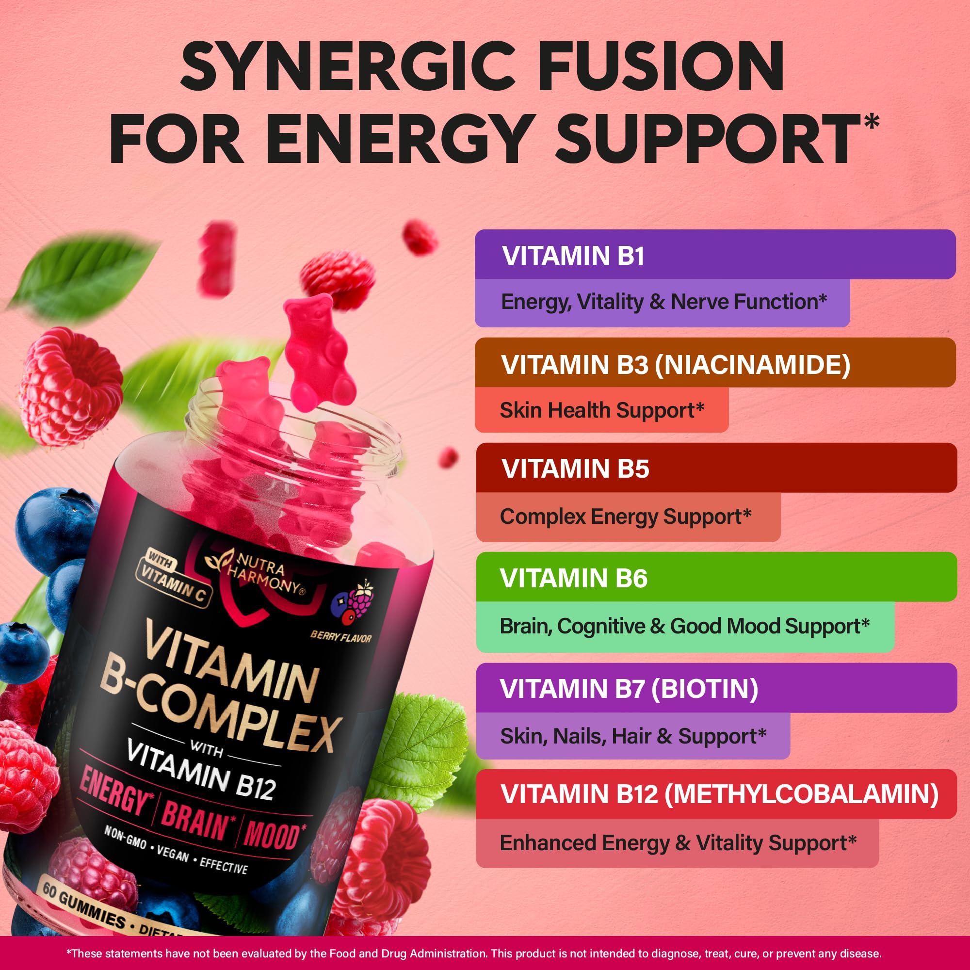 Vitamin B-Complex Gummies for Energy, Brain & Mood – Vegan Berry (60 Gummies, 2 Pack)