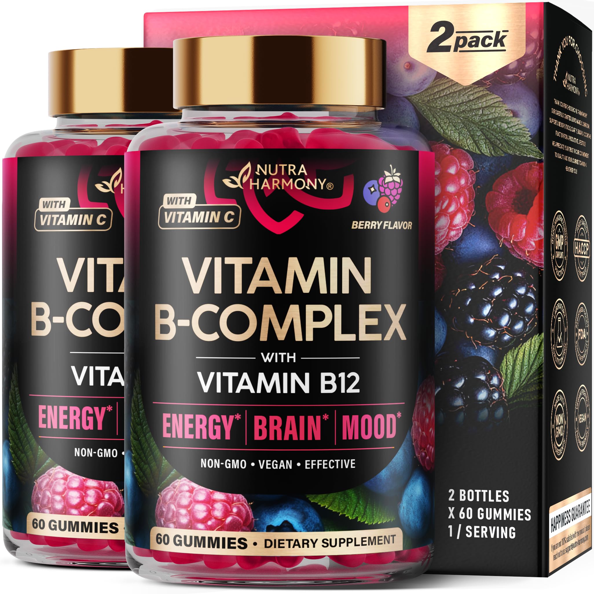 Vitamin B-Complex Gummies for Energy, Brain & Mood – Vegan Berry (60 Gummies, 2 Pack)